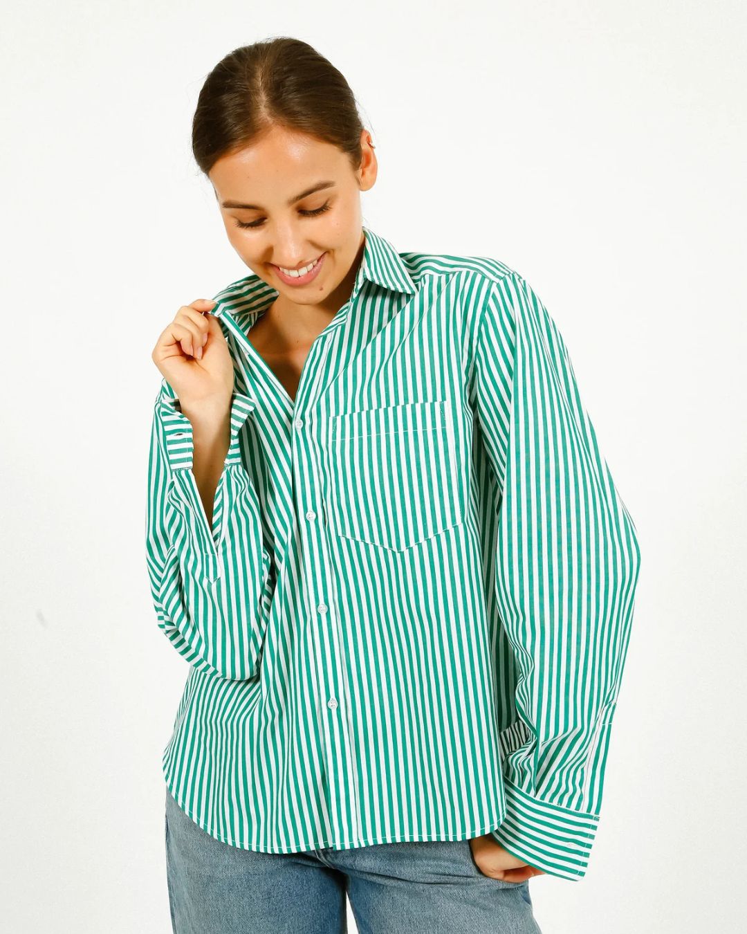 PARK Classic Shirt in Green, White Stripe