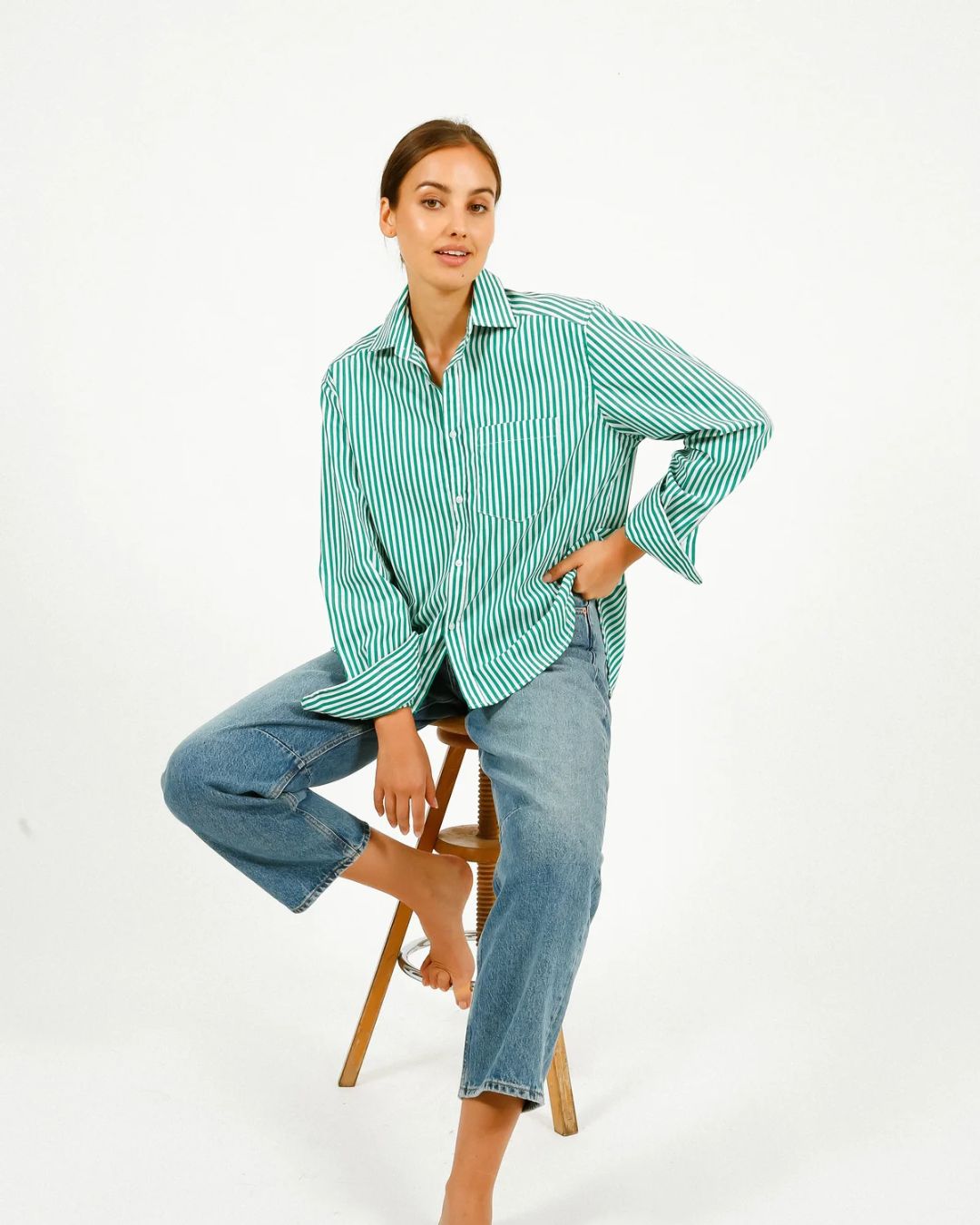 PARK Classic Shirt in Green, White Stripe
