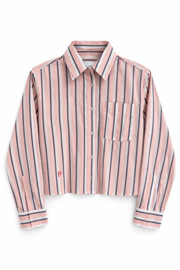 Pink and blue striped shirt on a white background