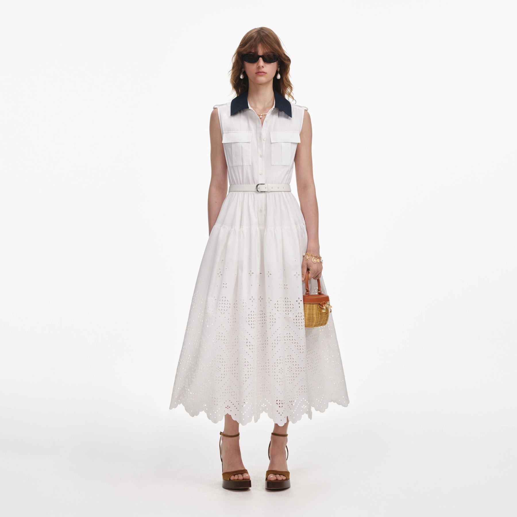 Self Portrait 002 Broderie Midi Dress in White