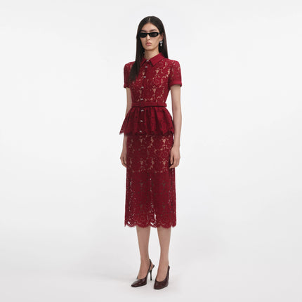 SP 006 Lace Peplum Dress Midi Dress in Burgundy
