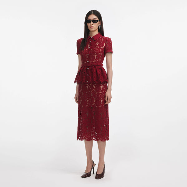 Self Portrait 006 Lace Peplum Dress Midi Dress in Burgundy – shopatanna