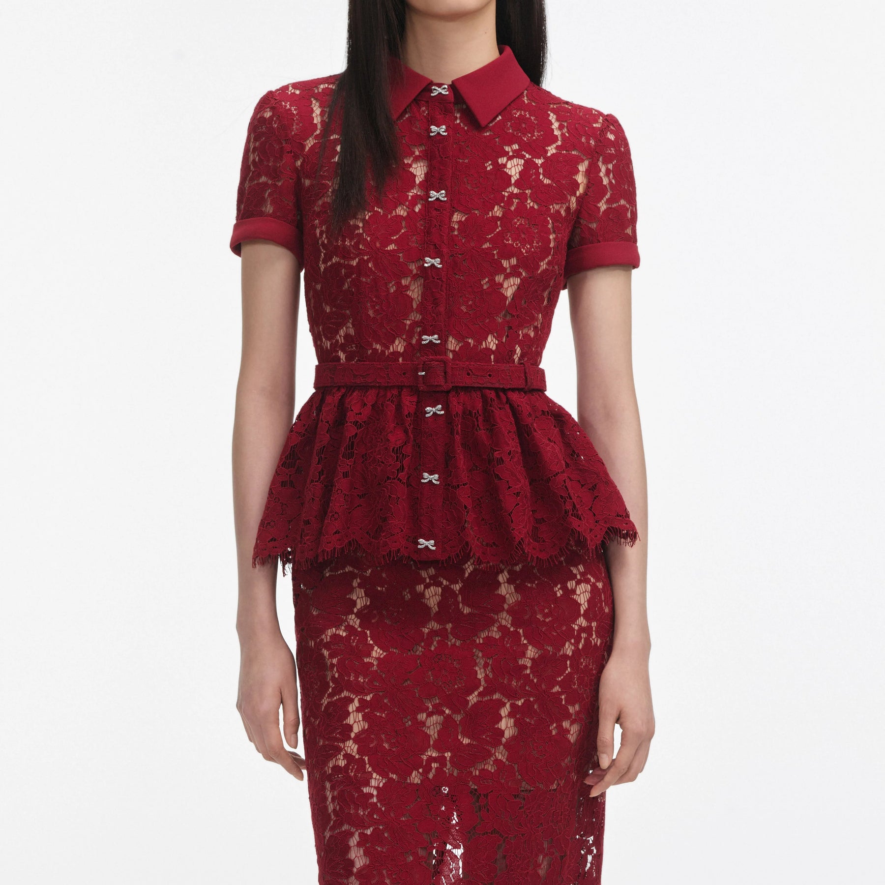 Self Portrait 006 Lace Peplum Dress Midi Dress in Burgundy