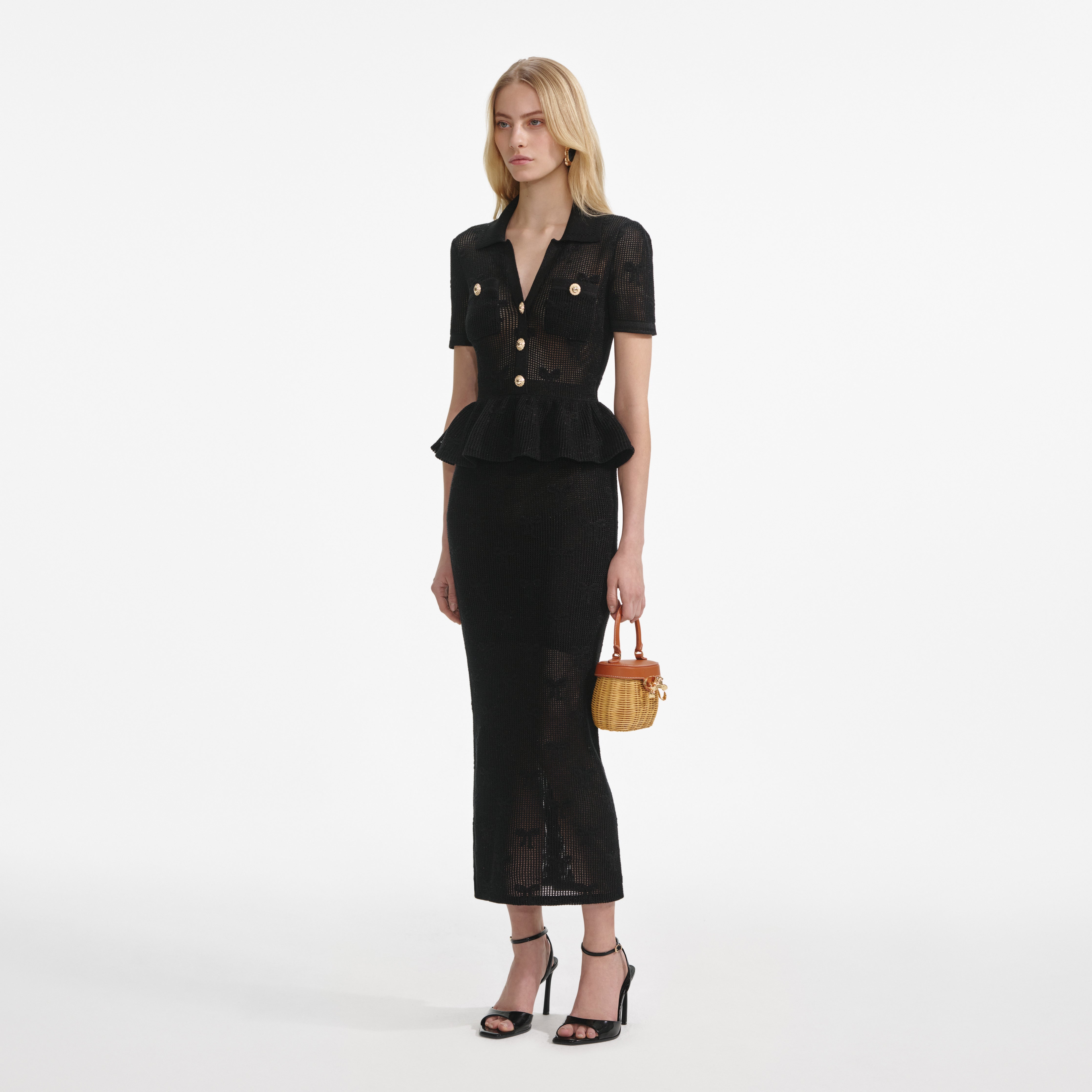 Self Portrait 047 Black Bow Crochet Midi Dress
