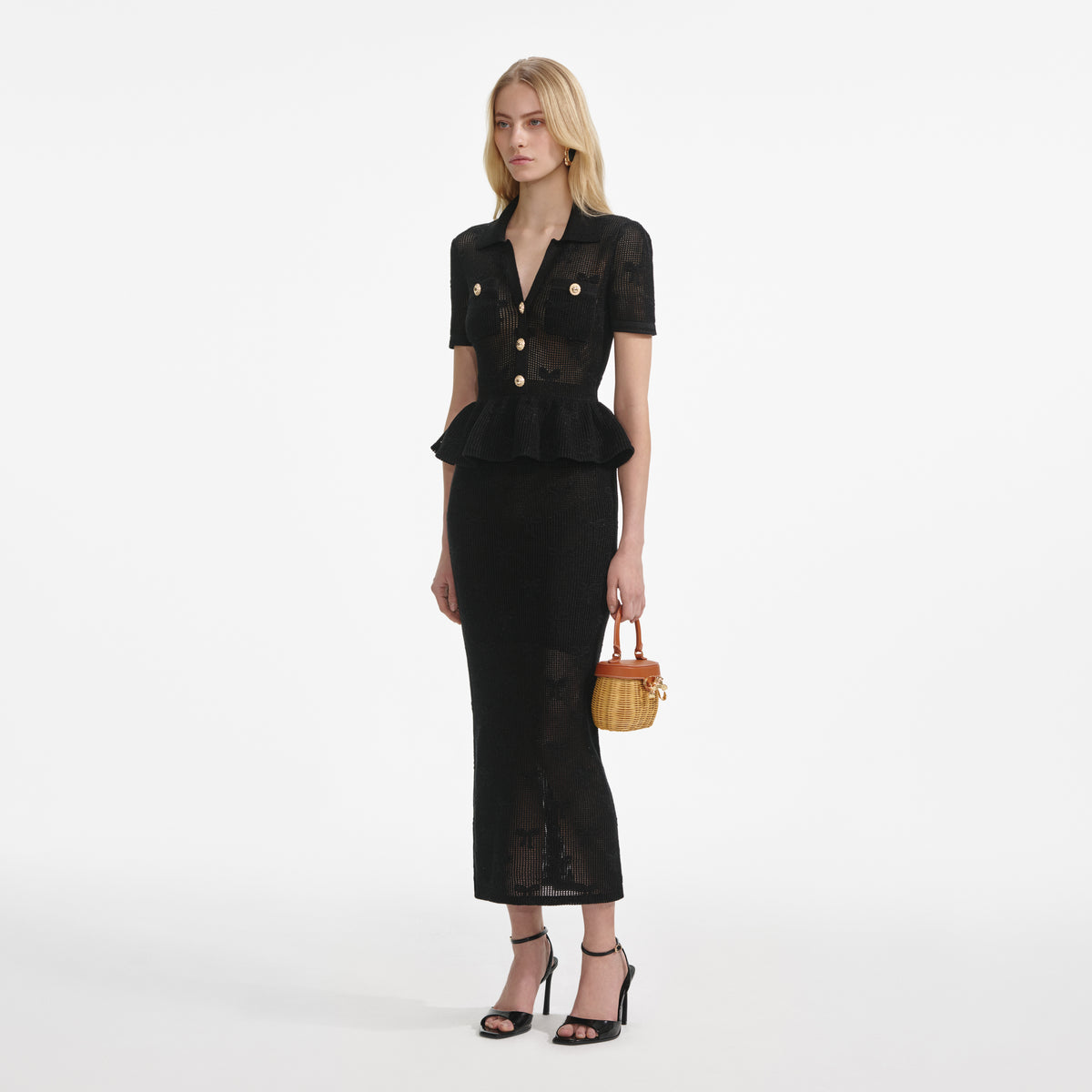 Self Portrait 047 Black Bow Crochet Midi Dress