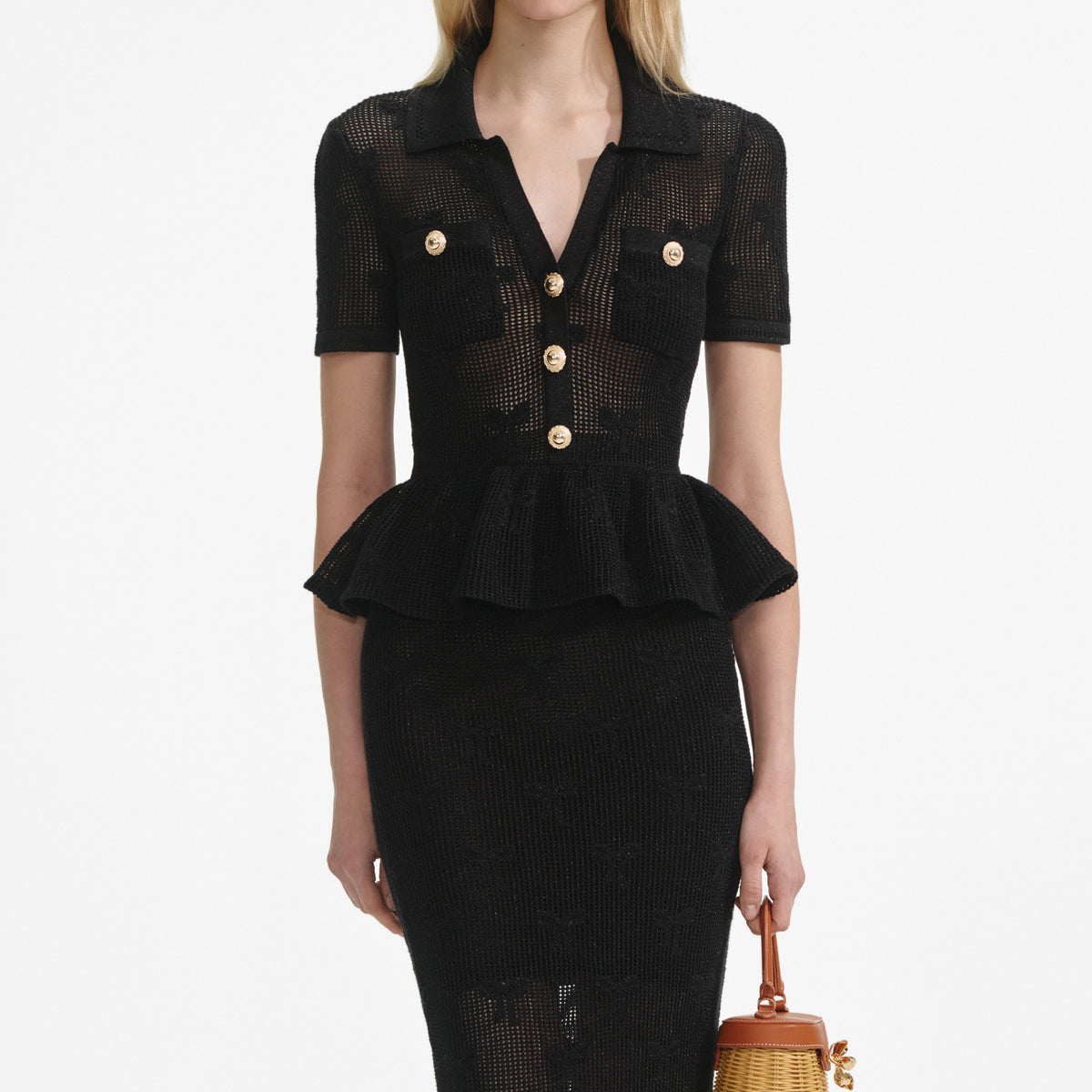 Self Portrait 047 Black Bow Crochet Midi Dress