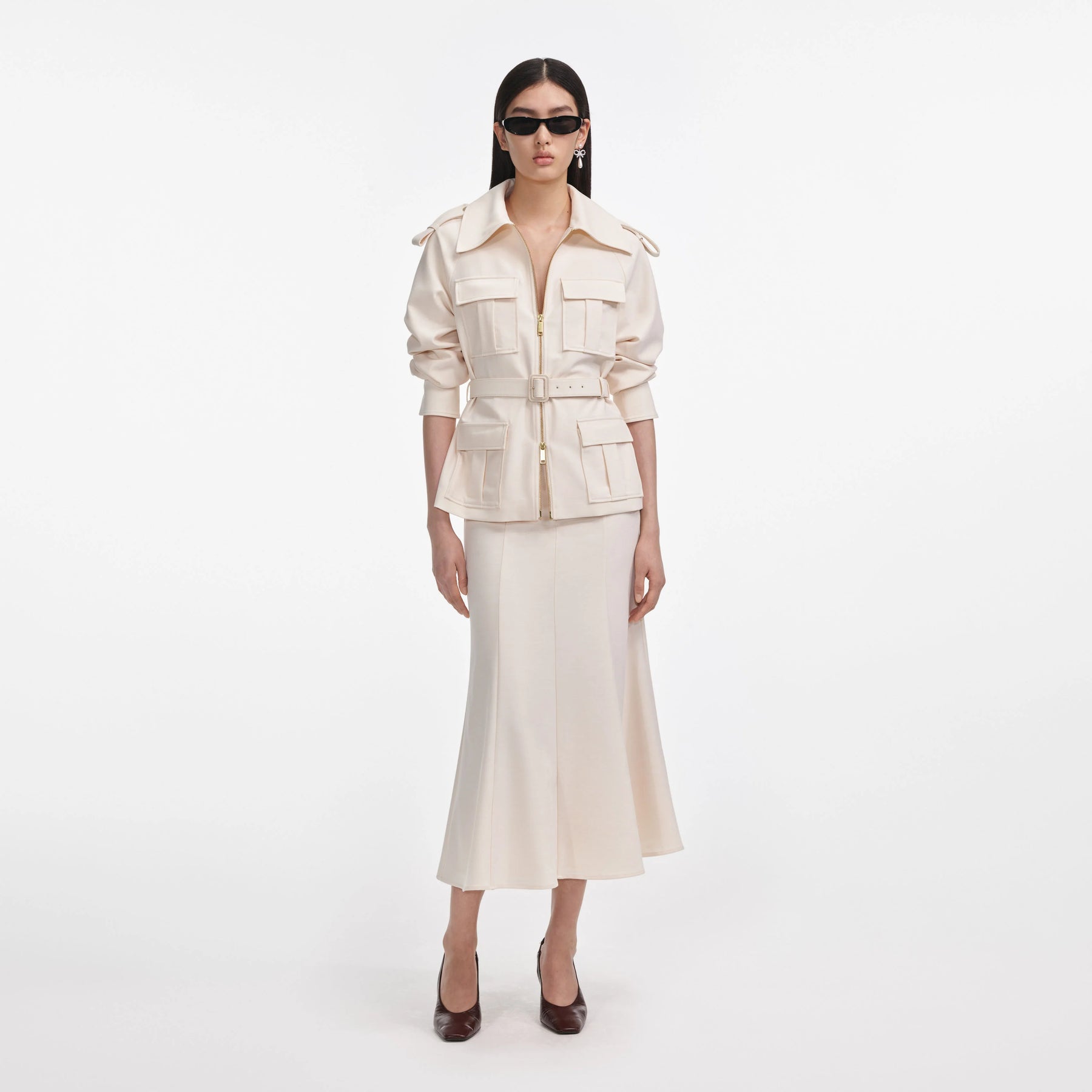 Self Portrait 064 Twill Midi Dress in Cream