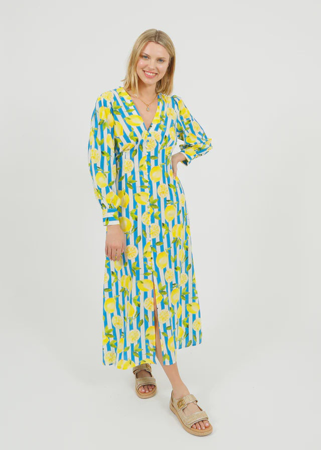 A woman wearing a long sleeve, V-neck, A-line, floral and lemon print dress with covered buttons. She is paired with white sandals and is standing against a white background.