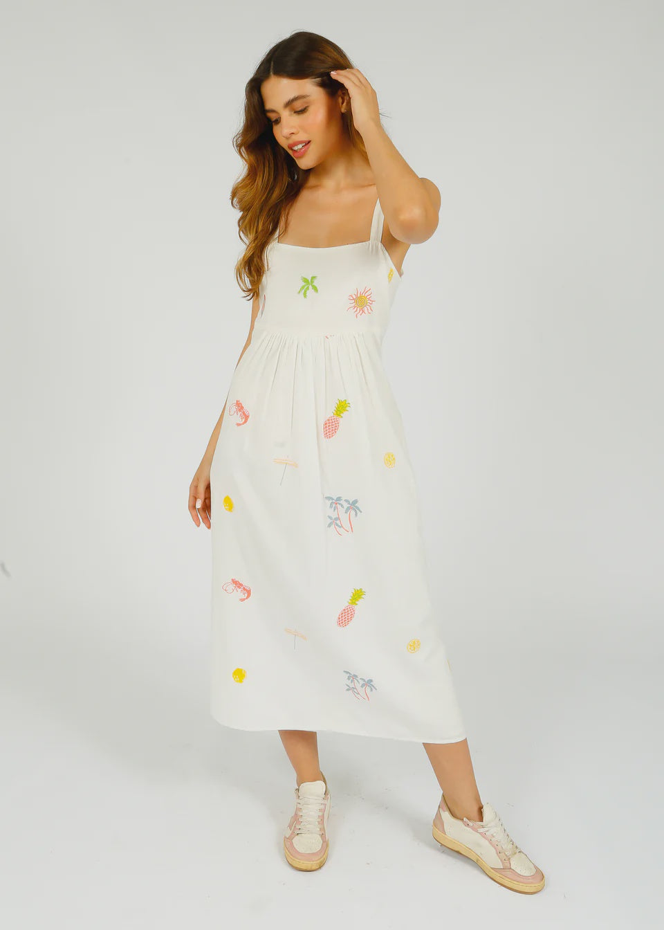 PP Robin Dress in Icons Emb White – linen-cotton maxi dress with Palm Springs embroidery