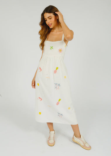 PP Robin Dress in Icons Emb White – linen-cotton maxi dress with Palm Springs embroidery