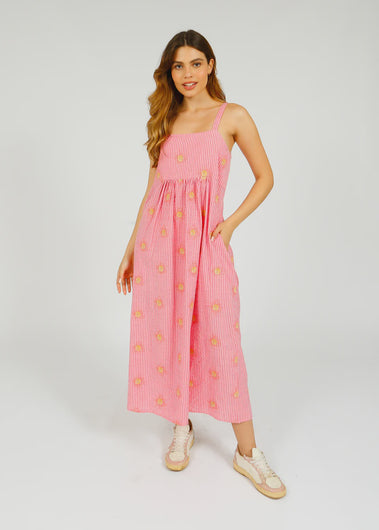 Primrose Park Robin Dress in Wavy Sun Embroidered Pink – striped cotton maxi with sun embroidery