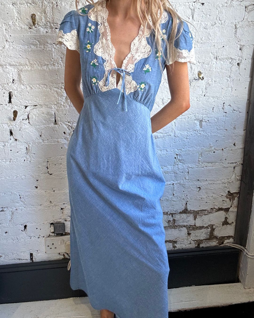 RIXO Amari Dress in Bud Embroidery Blue