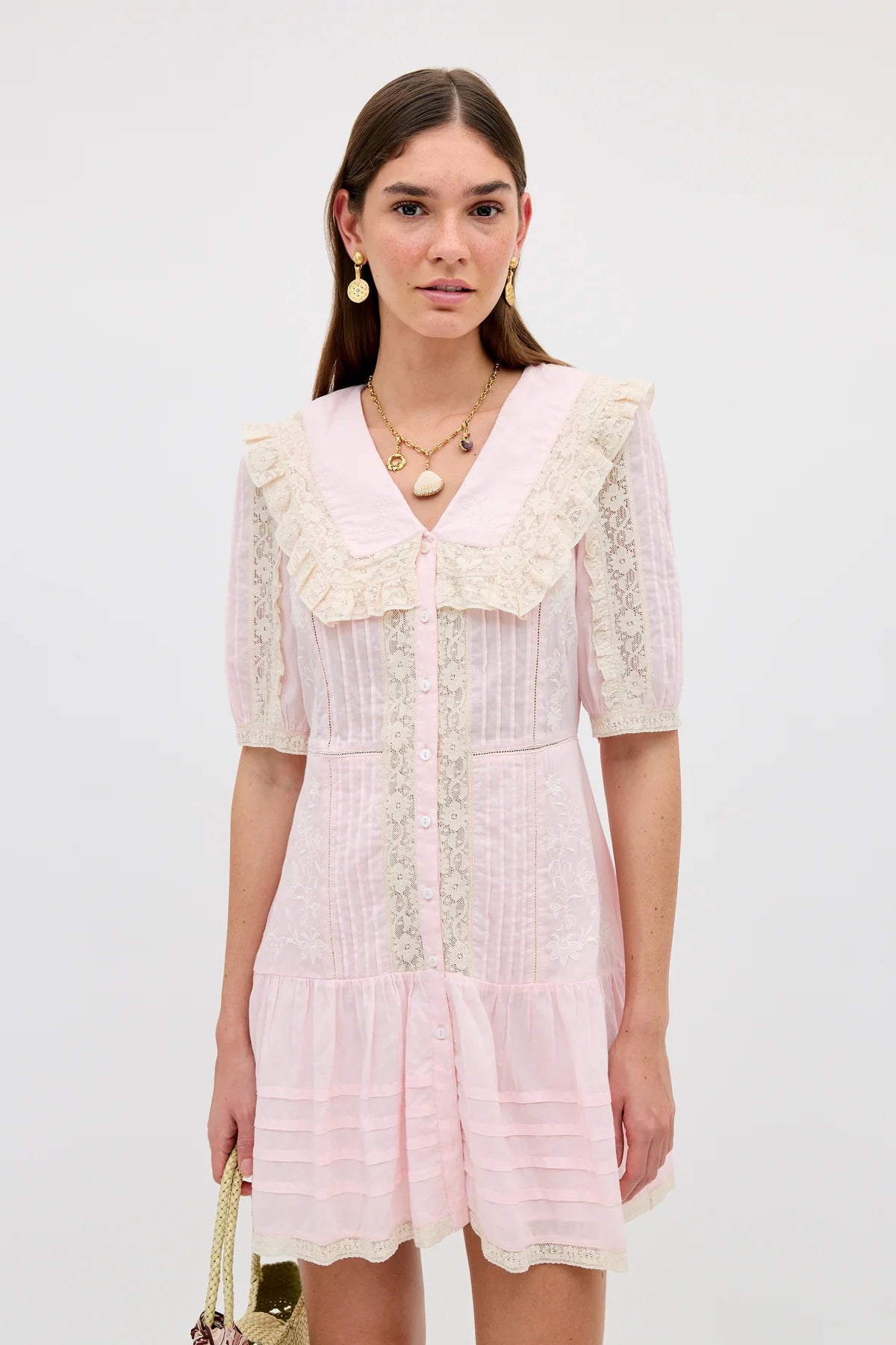 RIXO Dove Dress in Pansy Embroidery Vintage Pink