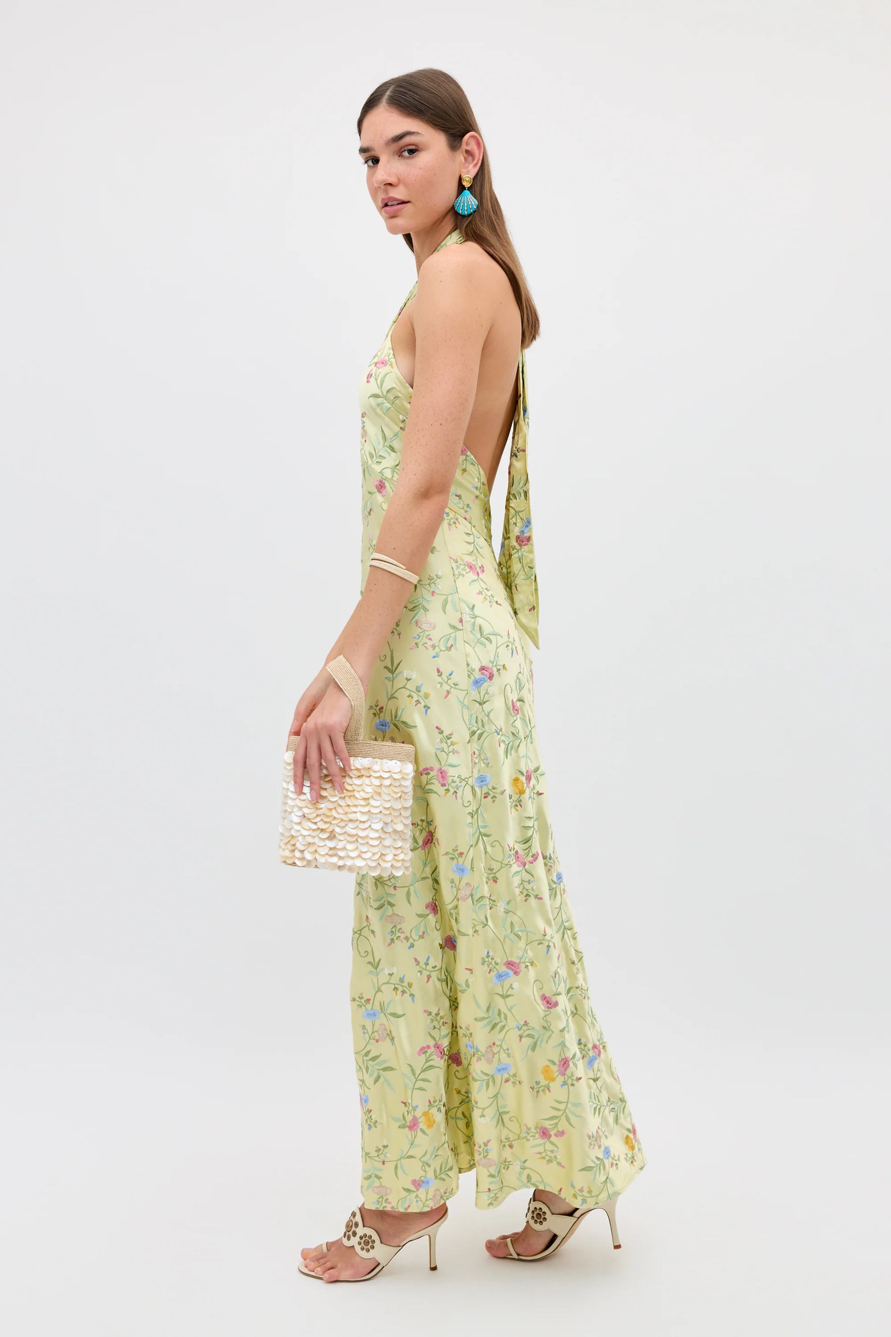 RIXO Dune Dress in Botanical Embroidery Green