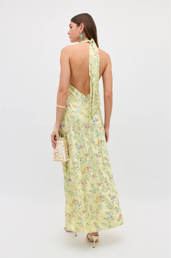 RIXO Dune Dress in Botanical Embroidery Green