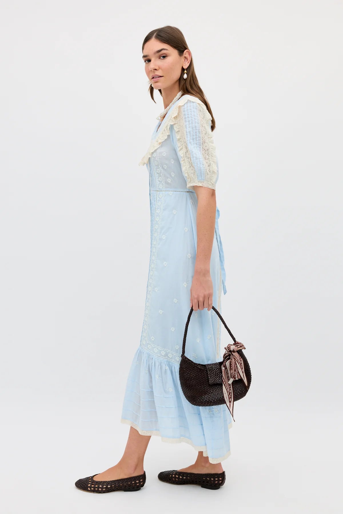 RIXO Edina Dress in Mira Embroidery Powder Blue