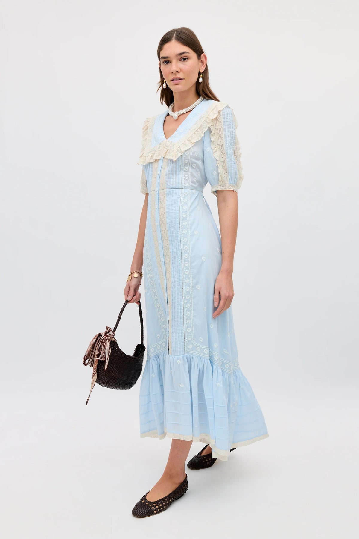 green emerald velvet dress RIXO Edina Midi Dress in Mira Embroidery Powder Blue