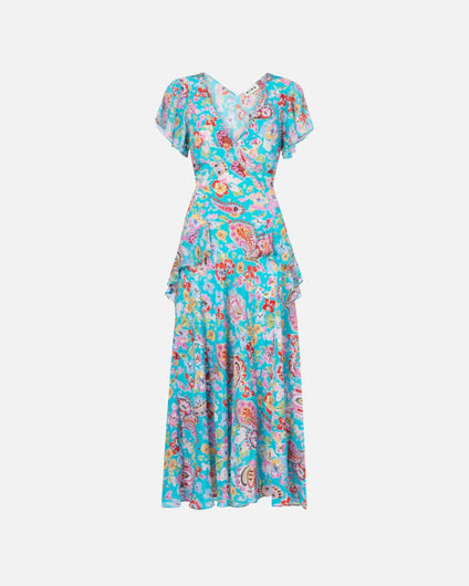 RIXO Evie Dress in Cara Floral Turquoise