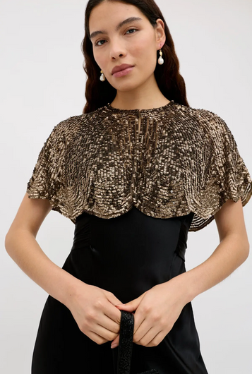 RIXO Evienne Art Deco Jacket in Antique Gold – sequin-embellished cape jacket with scalloped hem