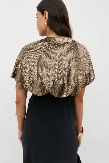 RIXO Evienne Art Deco Jacket in Antique Gold – sequin-embellished cape jacket with scalloped hem