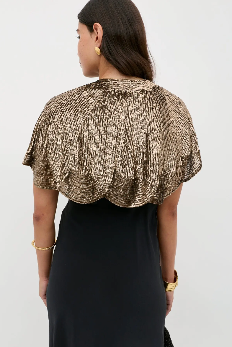 RIXO Evienne Art Deco Jacket in Antique Gold – sequin-embellished cape jacket with scalloped hem
