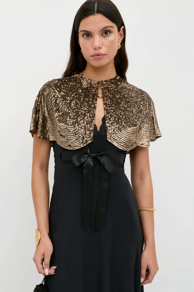 RIXO Evienne Art Deco Jacket in Antique Gold – sequin-embellished cape jacket with scalloped hem