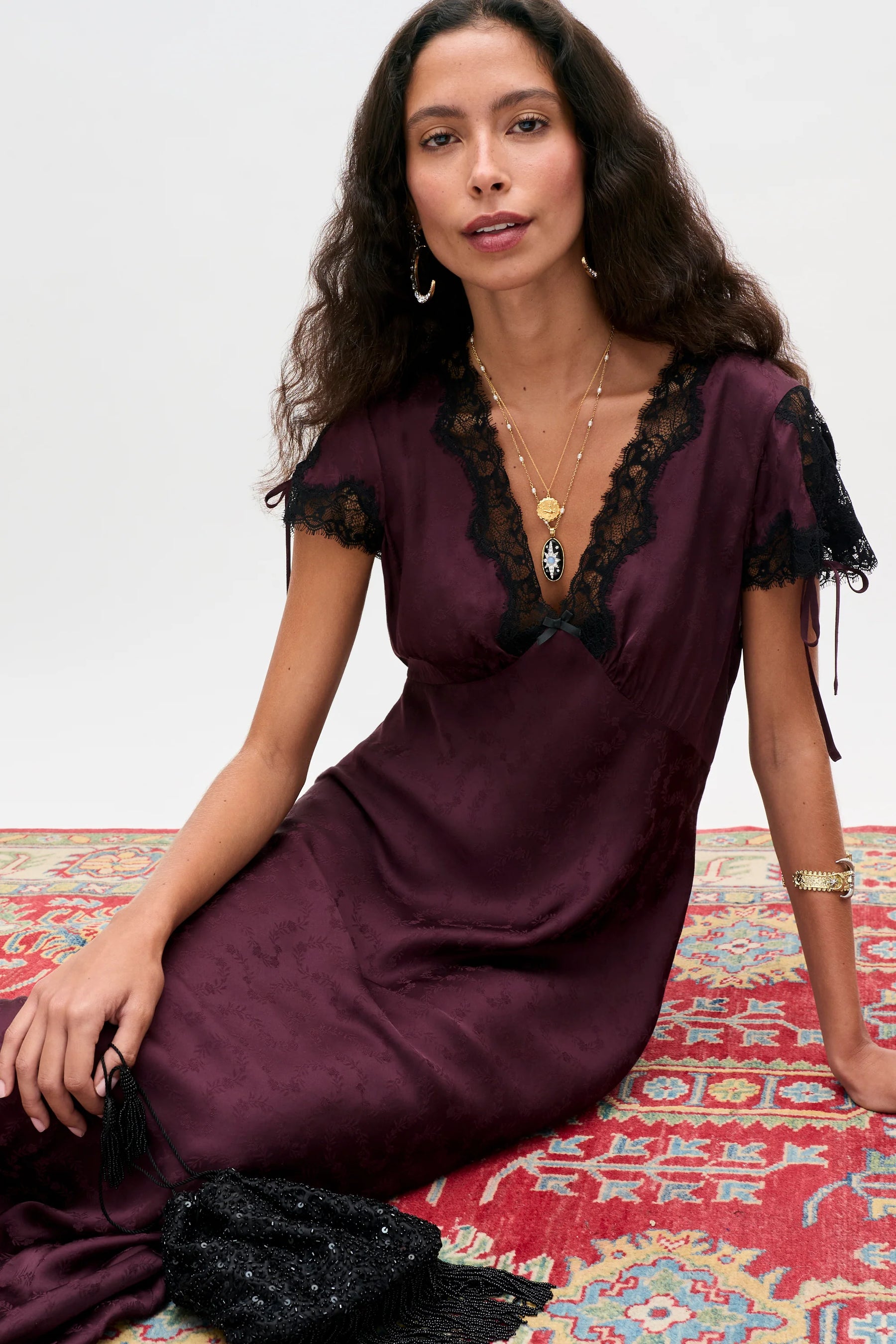 RIXO Fern Floral Trail Jacquard Dress - Wine