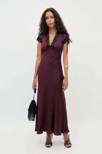 RIXO Fern Floral Trail Jacquard Dress - Wine