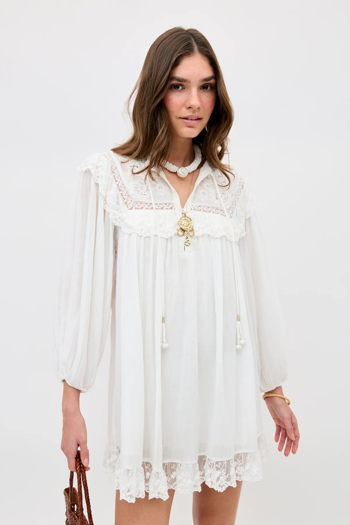 RIXO Inez Dress in Lily Embroidery Ivory