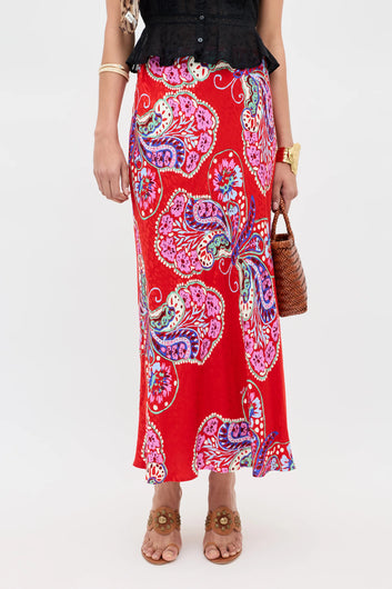 RIXO Kelly Skirt in Bloom Jacquard Red