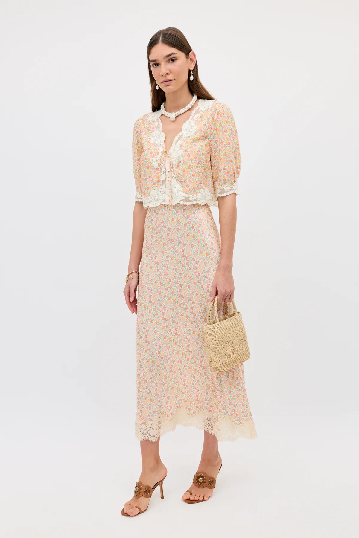 RIXO Matilde Skirt in Katie Floral Cream