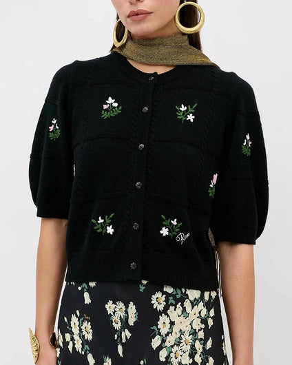 RIXO Minta Cardigan - Summer Bud Embroidery Black