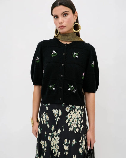 RIXO Minta Cardigan - Summer Bud Embroidery Black