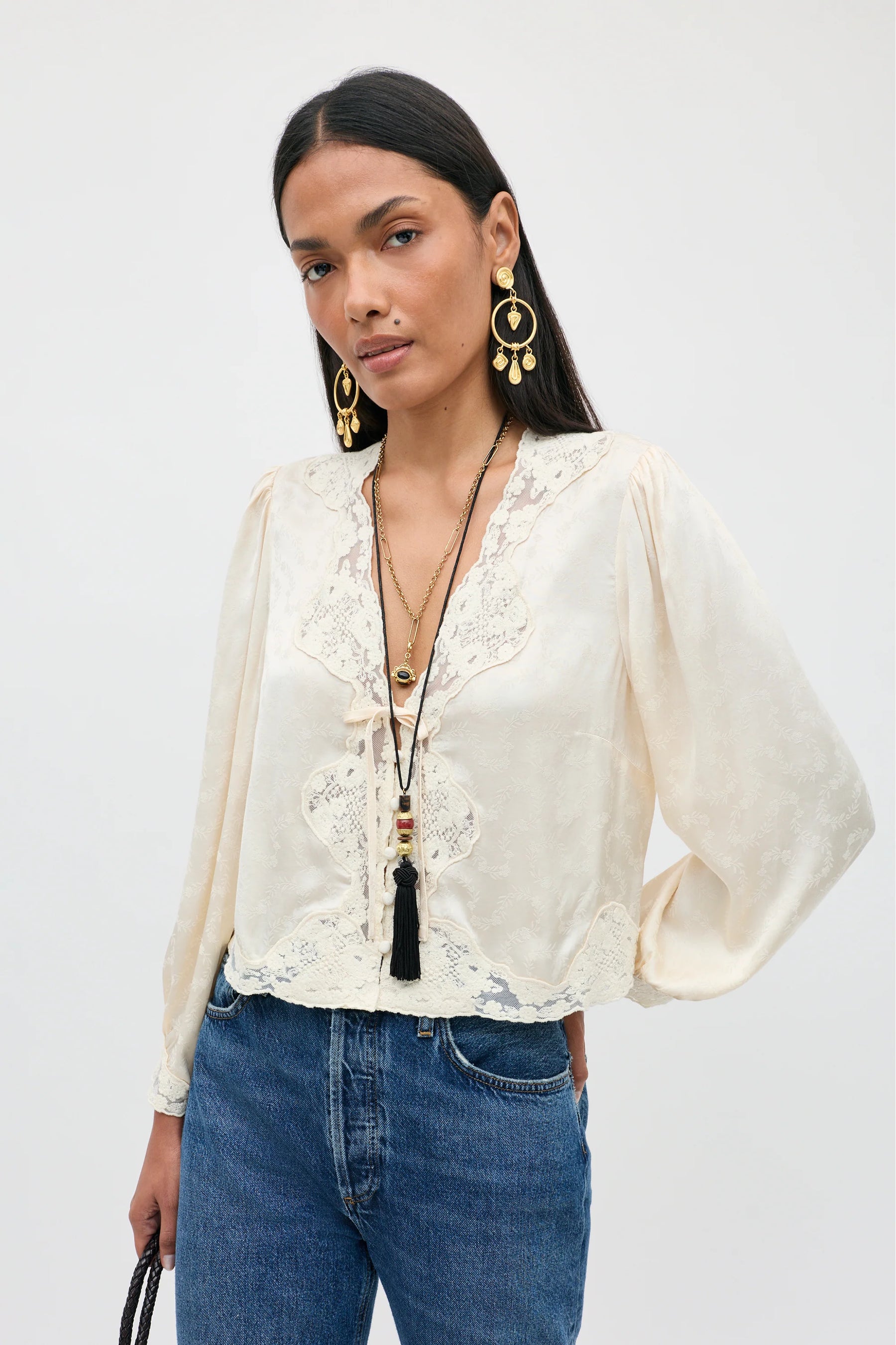 RIXO Tove Top Floral Trail Jacquard - Champagne