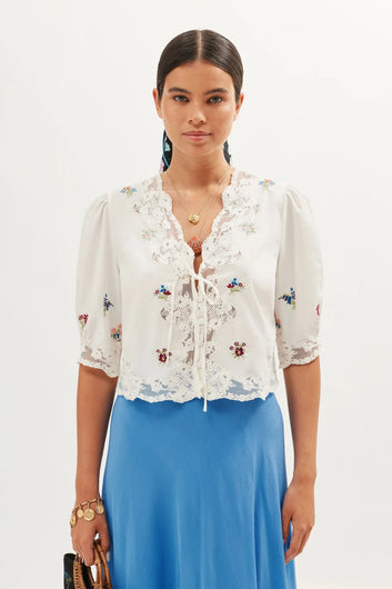 RIXO Ursula Top in Bud Embroidery Ivory