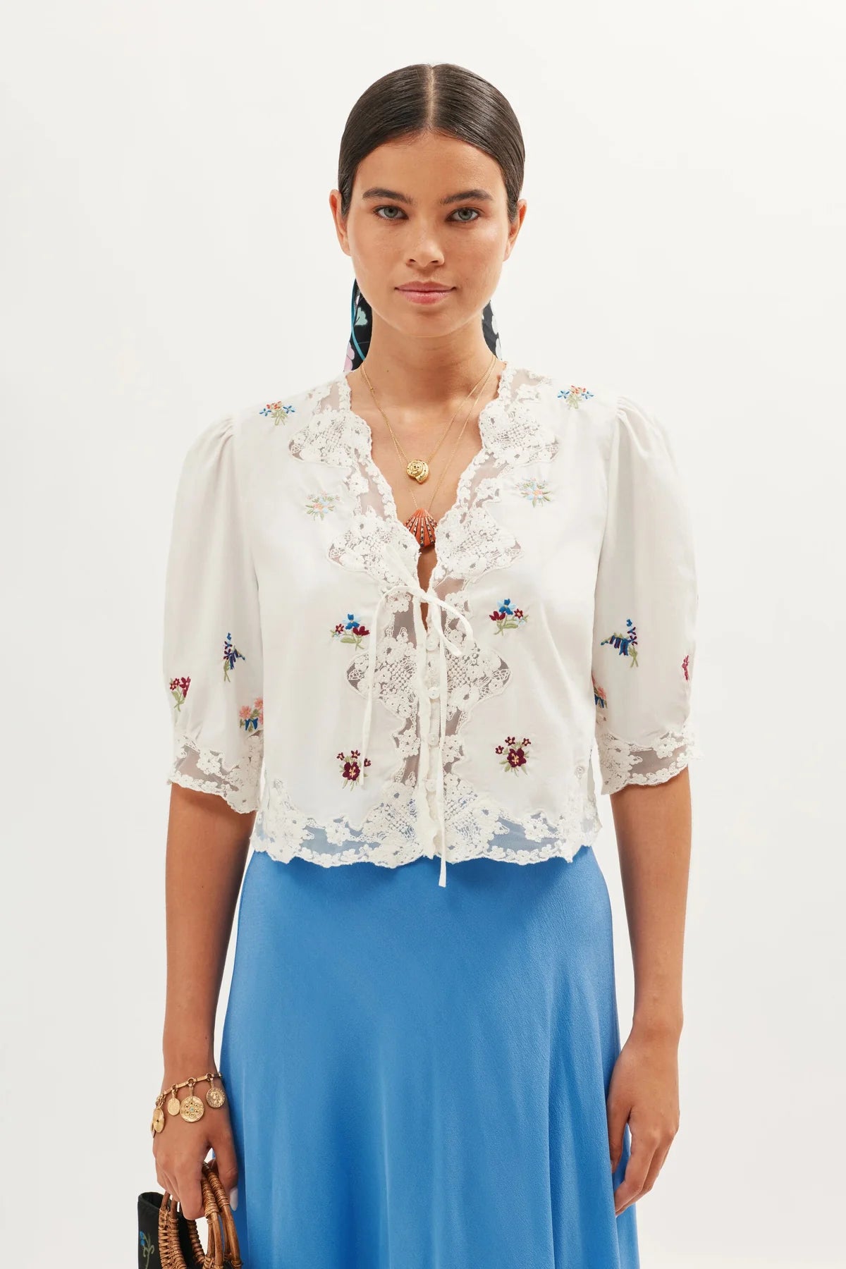 RIXO Ursula Top in Bud Embroidery Ivory
