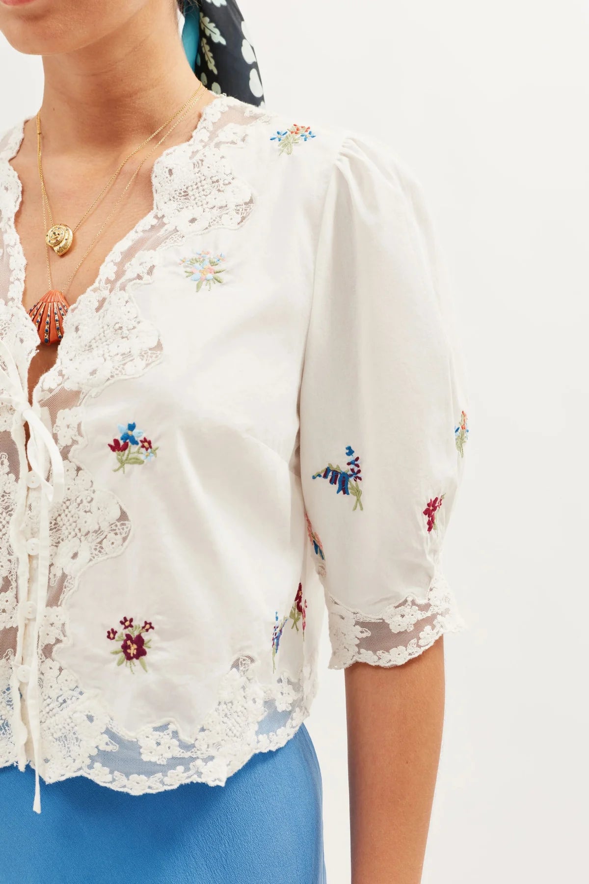RIXO Ursula Top in Bud Embroidery Ivory