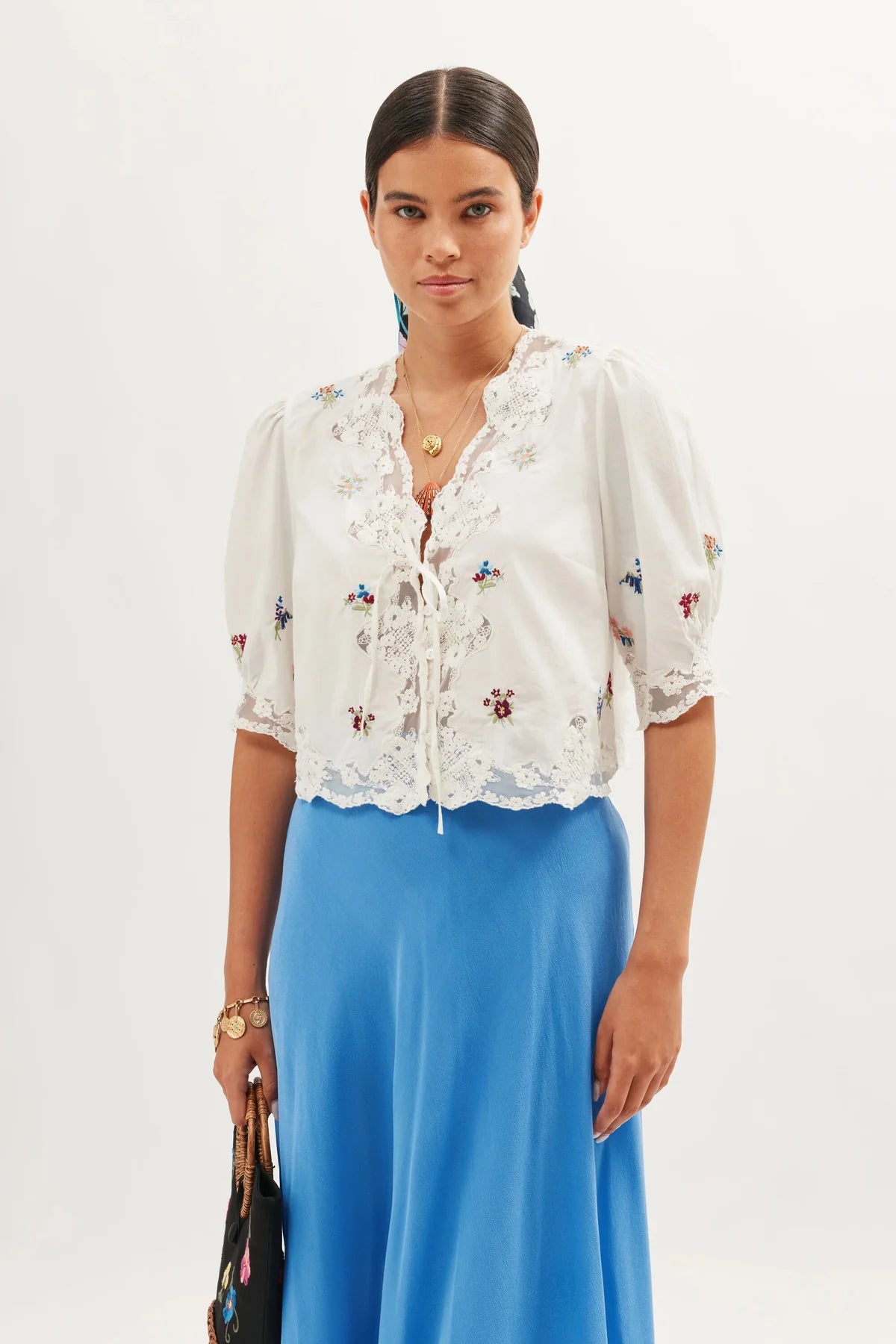 RIXO Ursula Top in Bud Embroidery Ivory