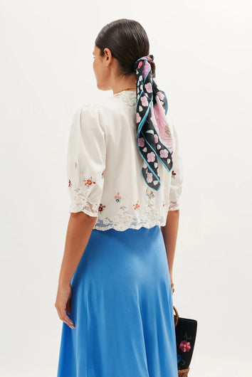 RIXO Ursula Top in Bud Embroidery Ivory