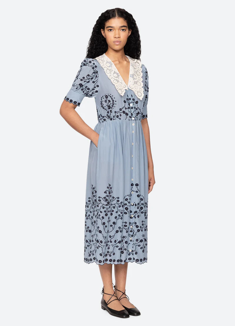 Sea New York Frances Print SS Midi Dress in Blue