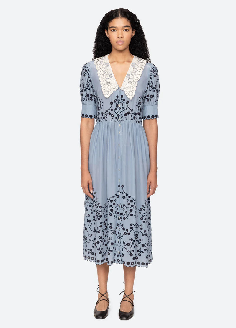Sea New York Frances Print SS Midi Dress in Blue