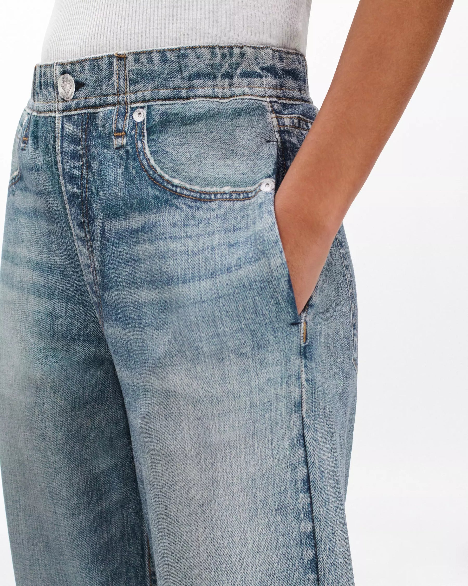 Rag & Bone Miramar Terry Wide Leg in Scarlet, close up, liquid denin