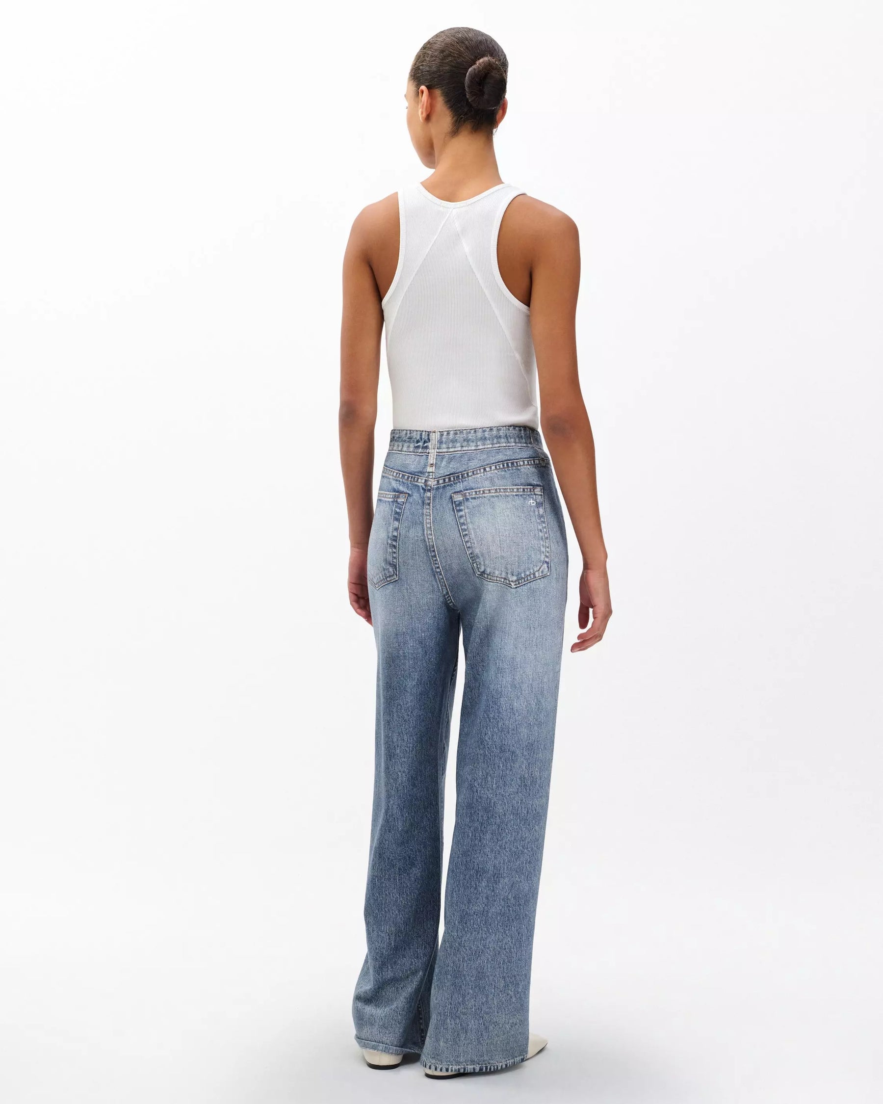 Rag & Bone Miramar Terry Wide Leg in Scarlet Person wearing light blue jeans and a white top on a white background