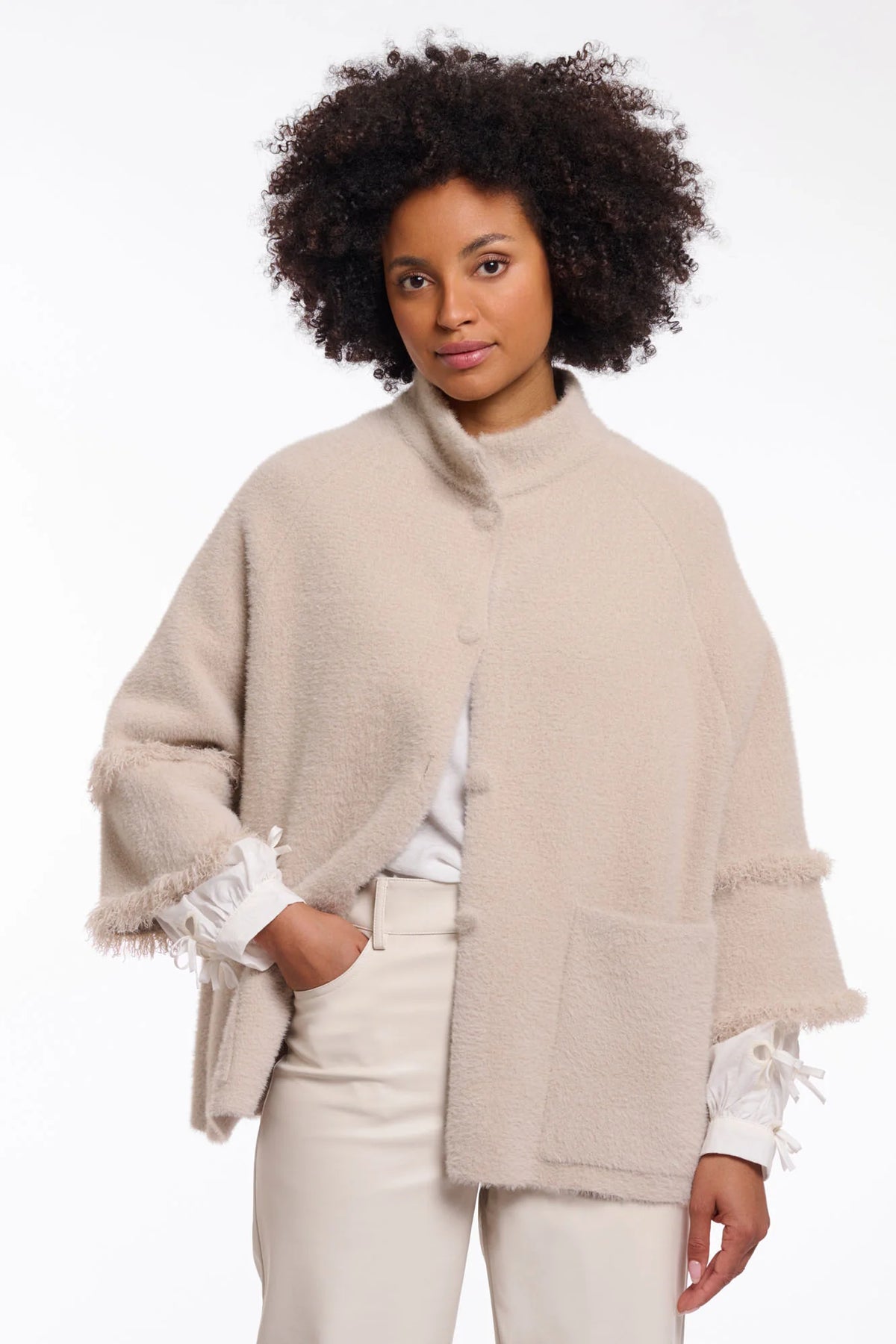 Rino & Pelle Sabe Fringe Cape in Stone