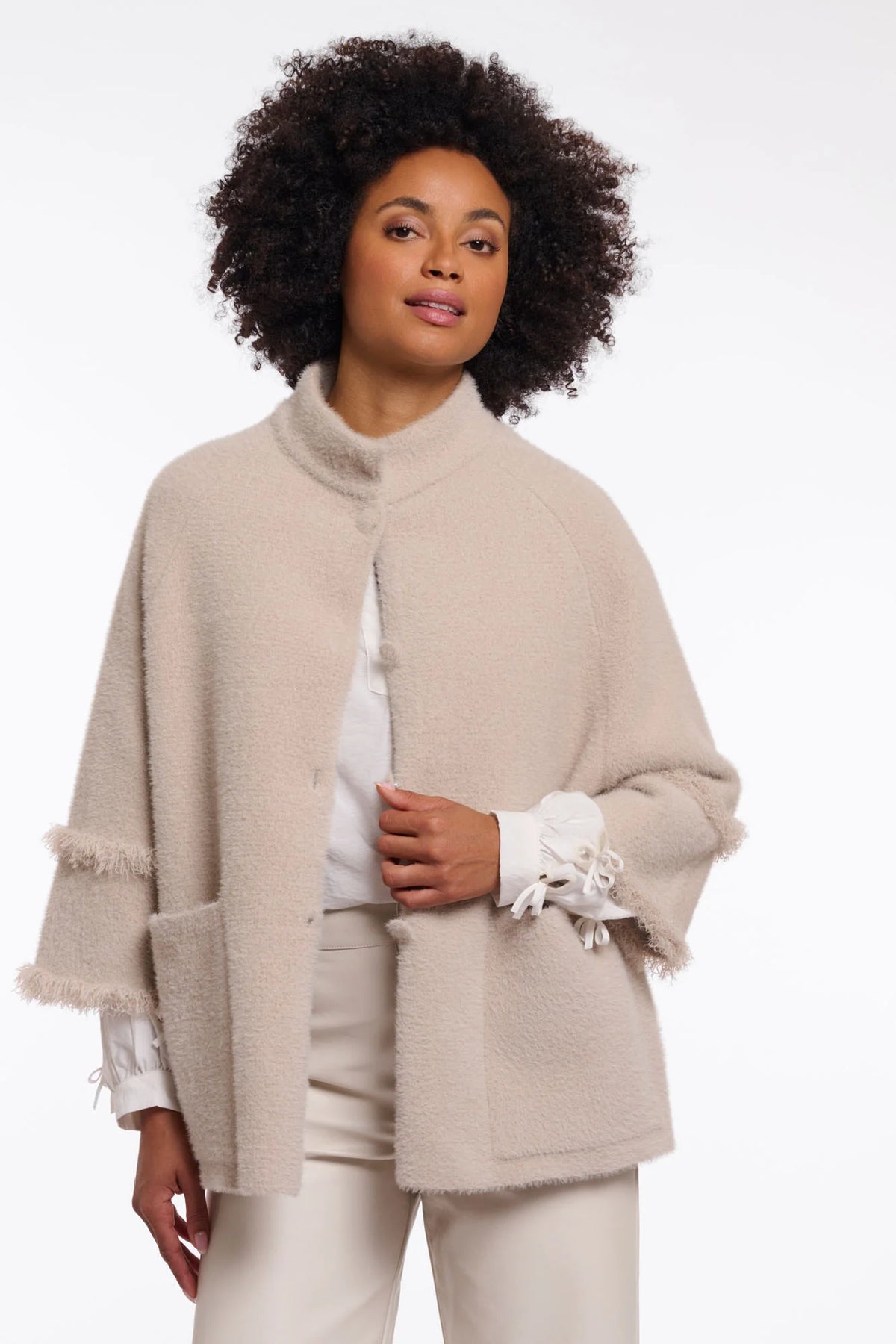 Rino & Pelle Sabe Fringe Cape in Stone