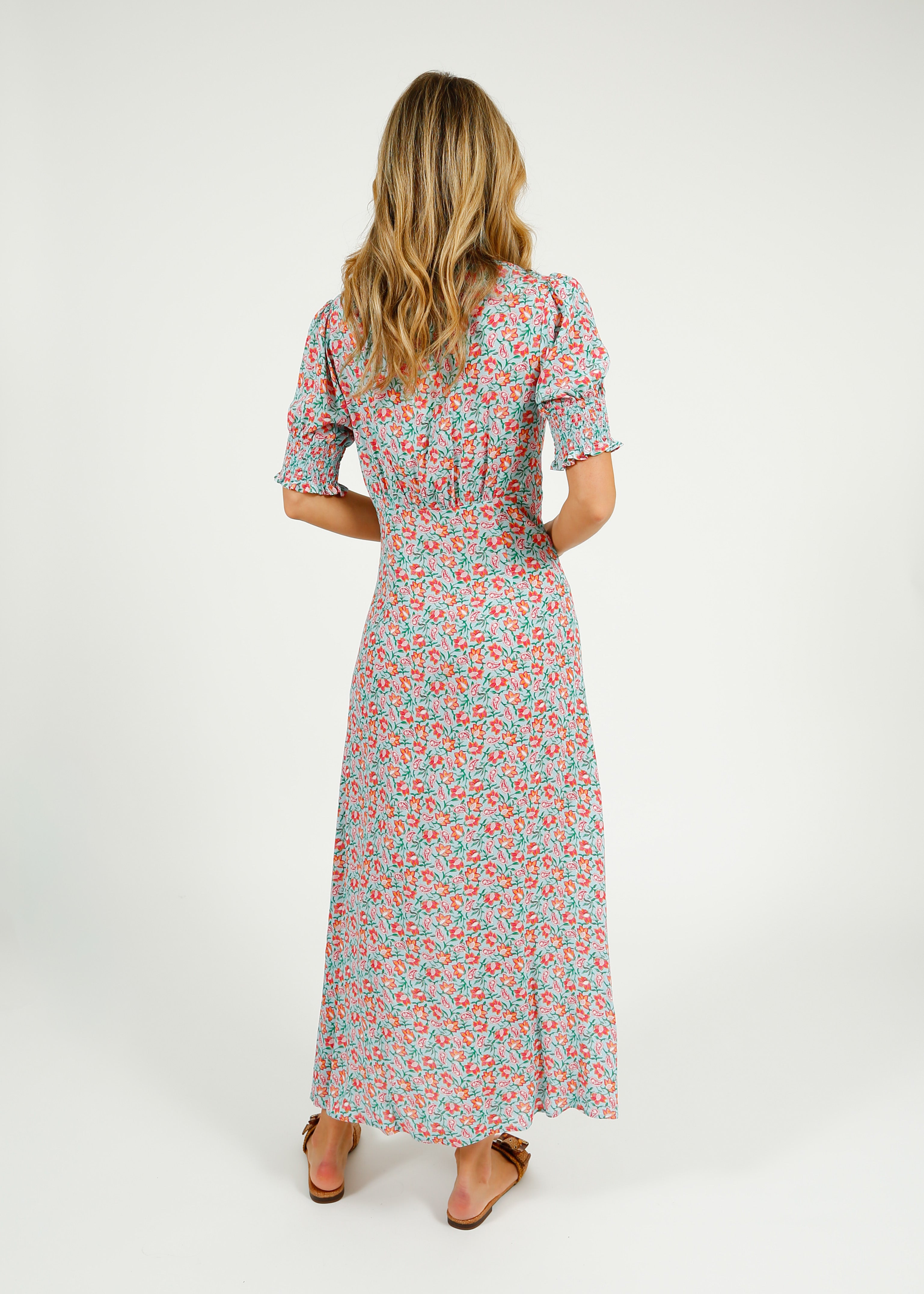 Primrose Park Dolly Dress in Block Print Pale Blue