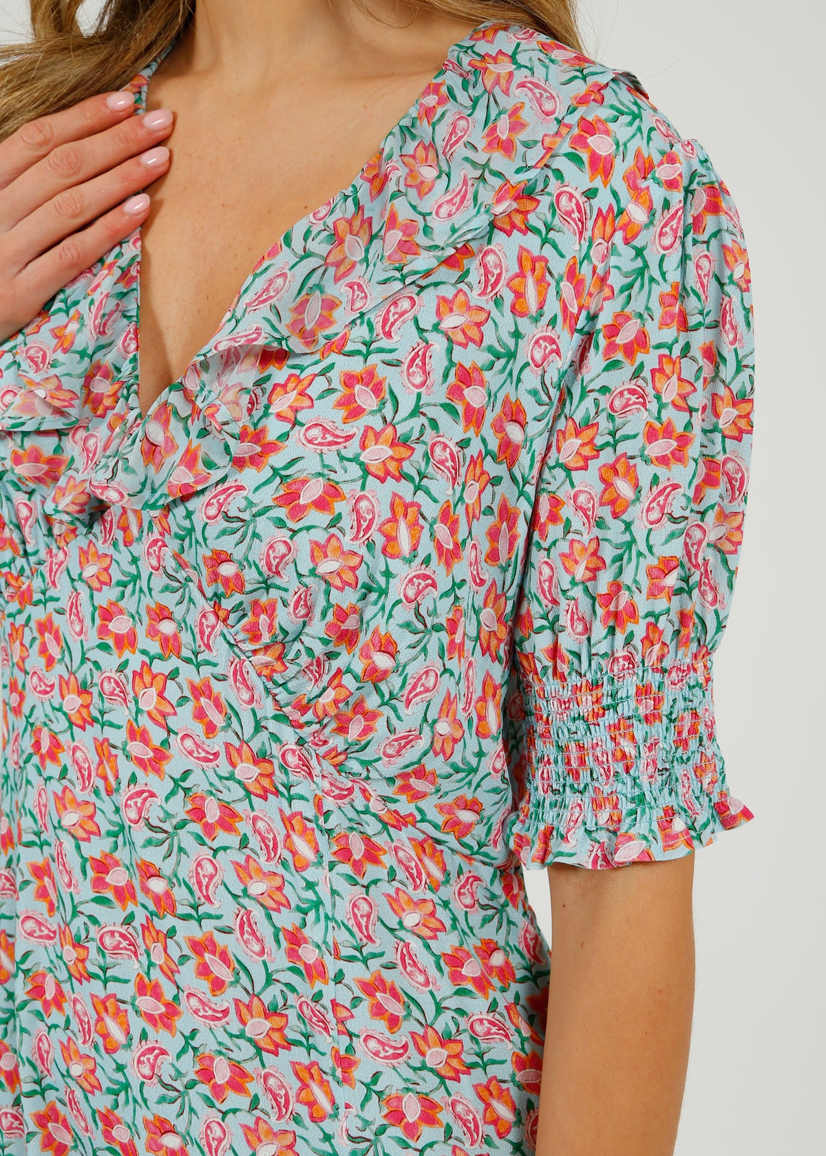 Primrose Park Dolly Dress in Block Print Pale Blue