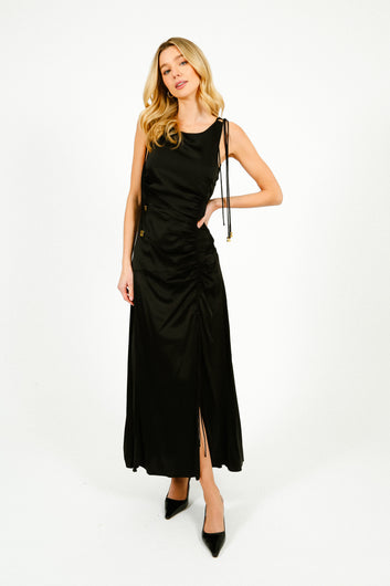 GANNI W0381 Solid Satin Gathered Long Dress in Black