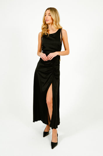 GANNI W0381 Solid Satin Gathered Long Dress in Black