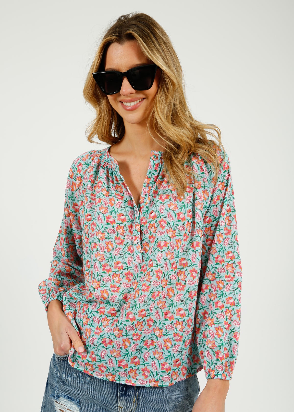 Primrose Park Jess Blouse in Block Print Pale Blue